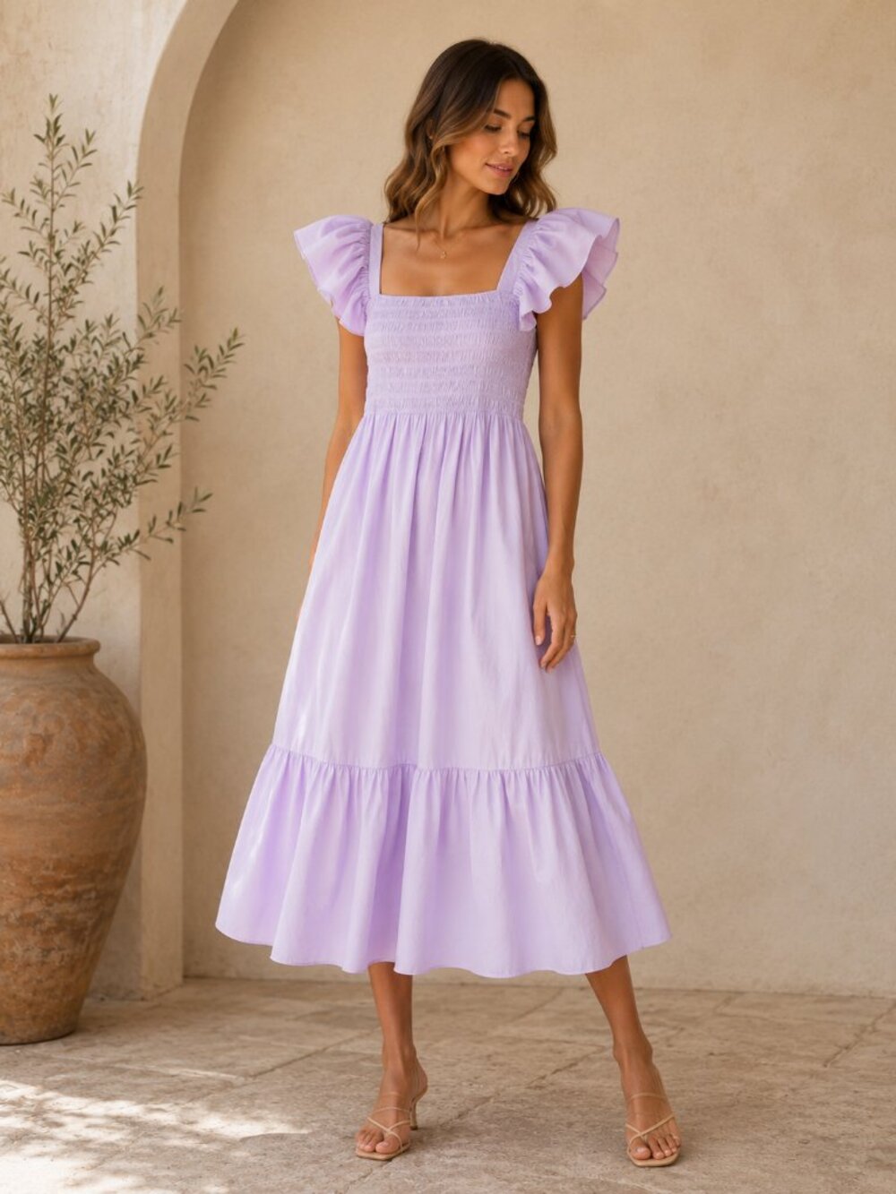 O.P.T Tuscany Tiered Smocked Midi Dress Flutter Sleeve Lavender Purple Cotton M